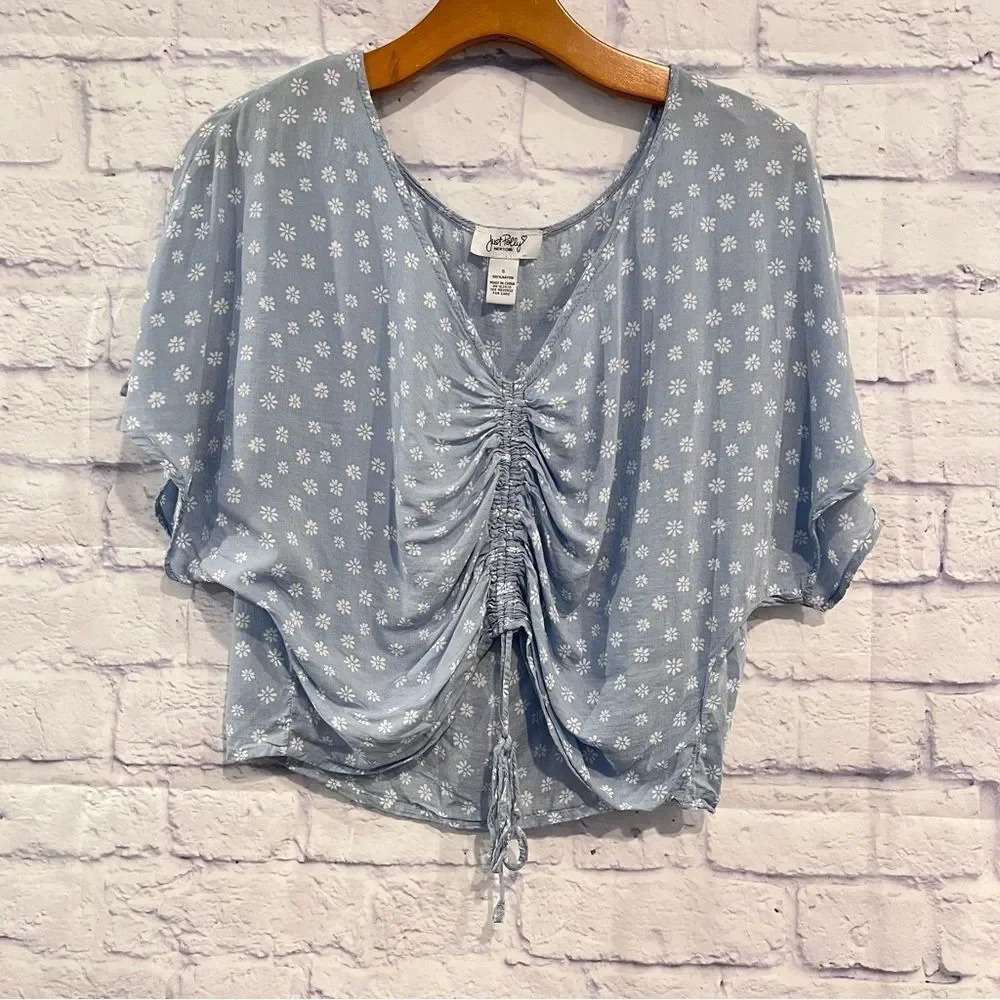 Just Polly Blue Ruched‎ Drawstring Dolman Sleeve Crop Top